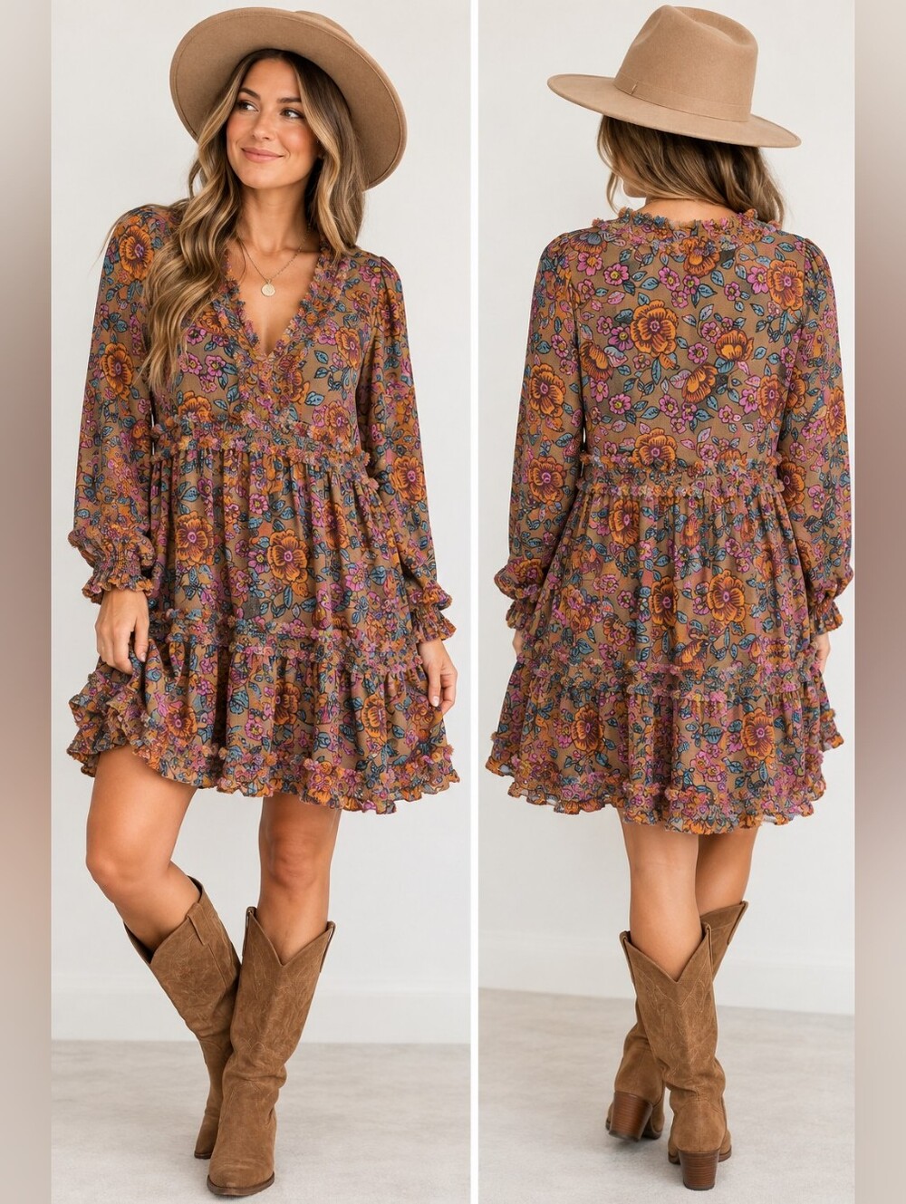 Natural Life Floral Boho Tiered Mini Dress Tunic Raw Edge Size L